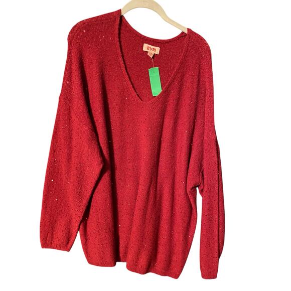 EVRI Red Sparkle Tunic V-Neck Sweater 2X Plus Size Cozy Knit Top - Picture 2 of 5